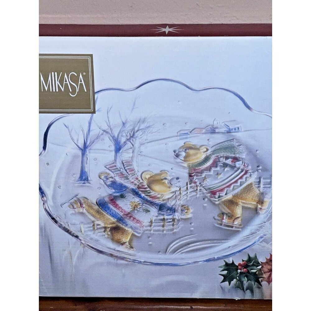 NIB MIKASA Ice Skating Bears Chistmas Glass Cookie Serving Plate Platter…